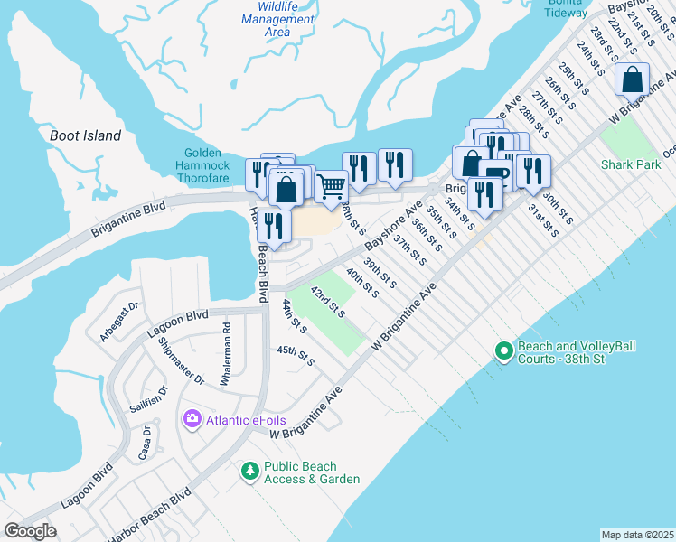 map of restaurants, bars, coffee shops, grocery stores, and more near 4100 Bayshore Avenue in Brigantine