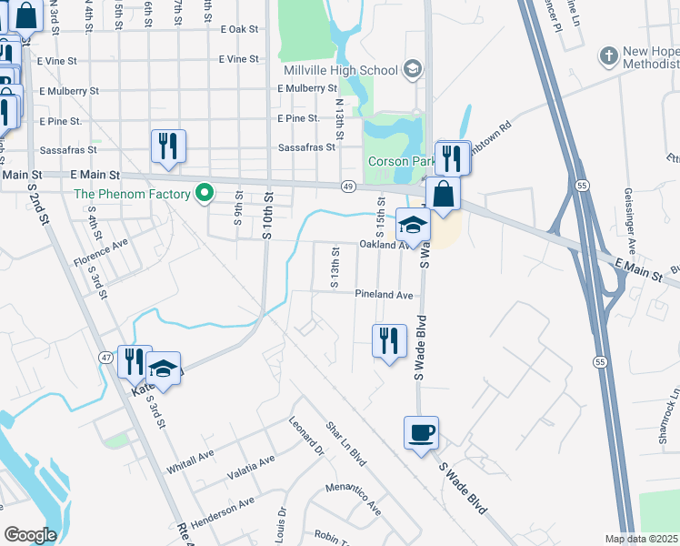 map of restaurants, bars, coffee shops, grocery stores, and more near 1302 Pineland Avenue in Millville