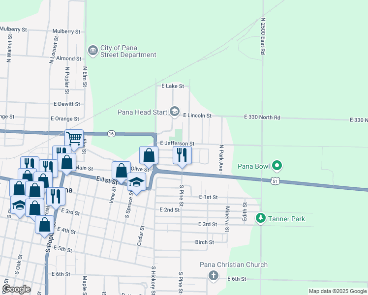 map of restaurants, bars, coffee shops, grocery stores, and more near 716 Monroe Street in Pana