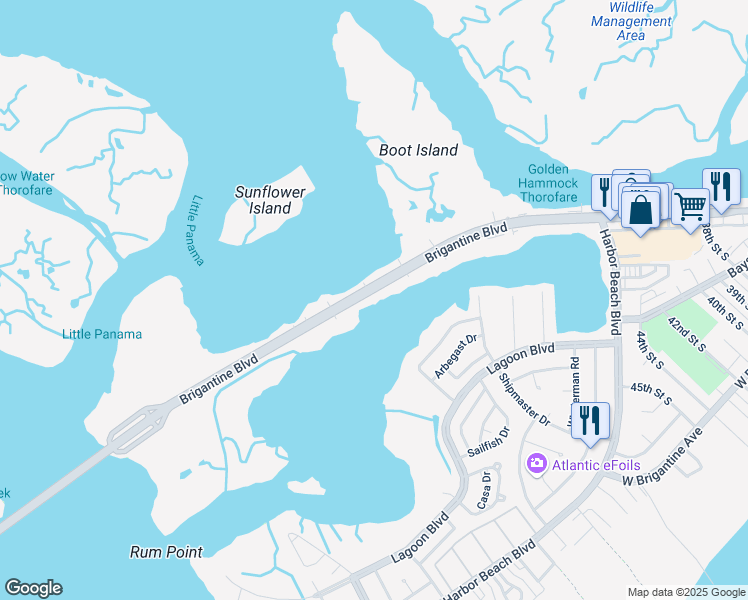 map of restaurants, bars, coffee shops, grocery stores, and more near 4436 Atlantic Brigantine Boulevard in Brigantine