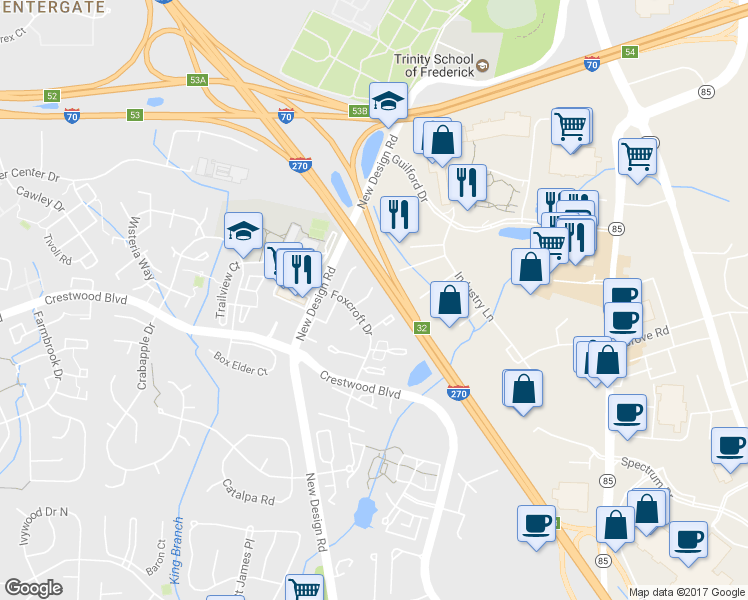 map of restaurants, bars, coffee shops, grocery stores, and more near 5819 Drawbridge Court in Frederick