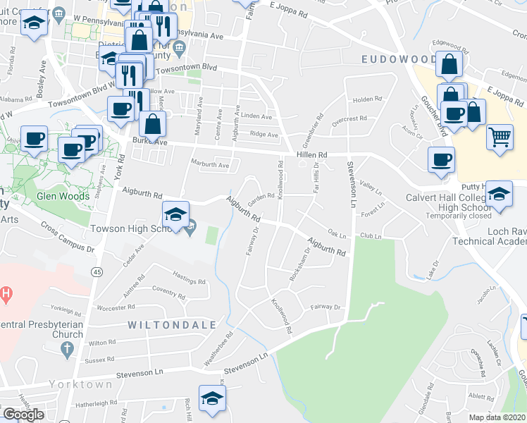 map of restaurants, bars, coffee shops, grocery stores, and more near 500 Fairway Court in Towson