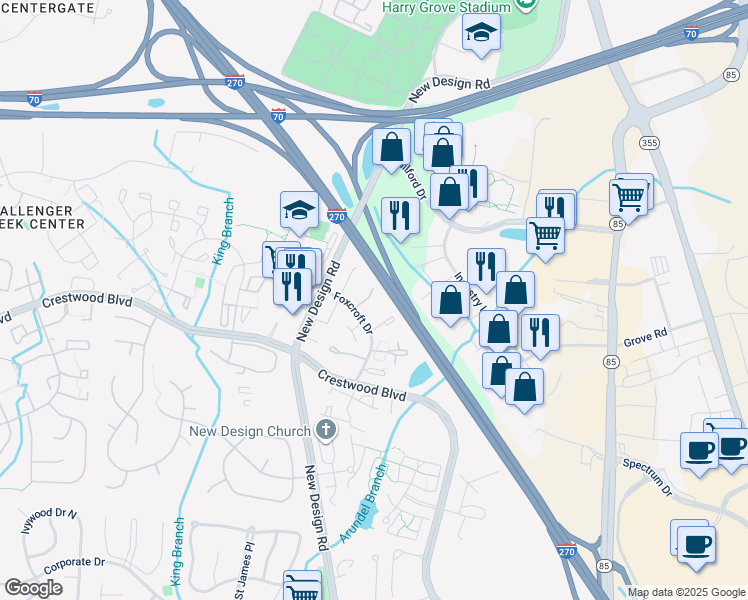 map of restaurants, bars, coffee shops, grocery stores, and more near 5819 Drawbridge Court in Frederick