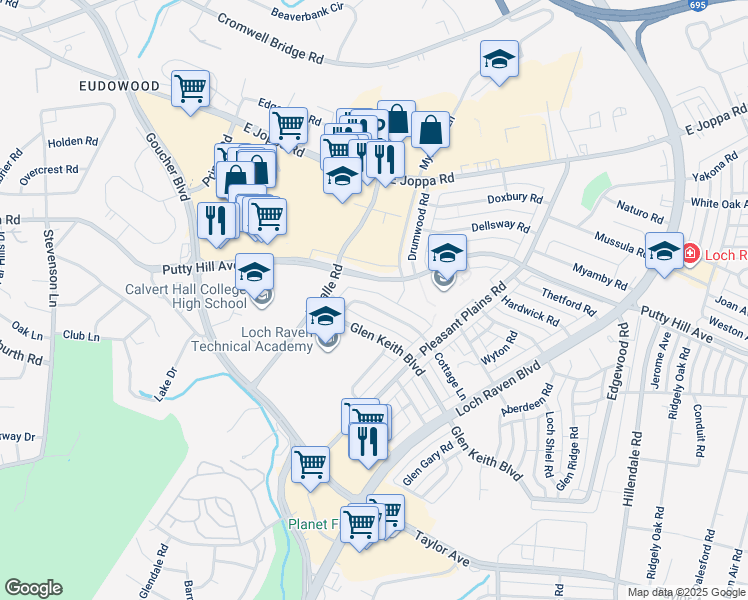 map of restaurants, bars, coffee shops, grocery stores, and more near 1530 Cottage Lane in Towson
