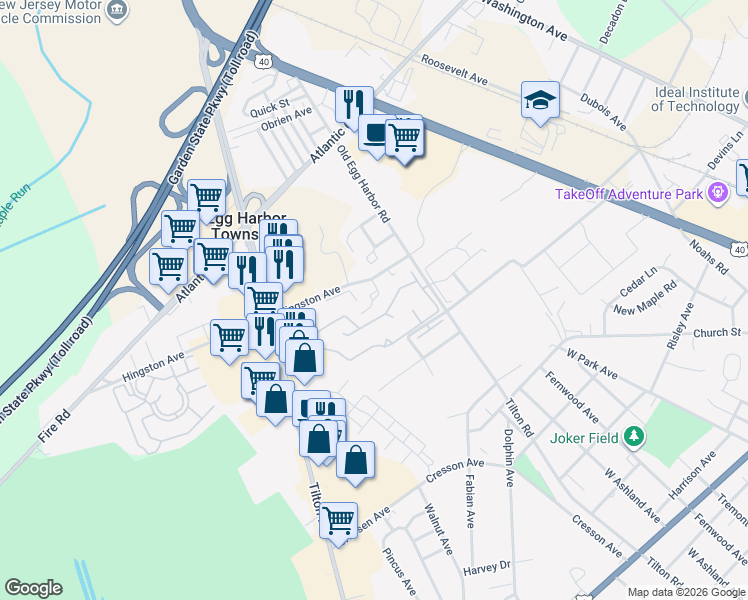 map of restaurants, bars, coffee shops, grocery stores, and more near 18 Cambridge Townhouse Drive in Egg Harbor Township