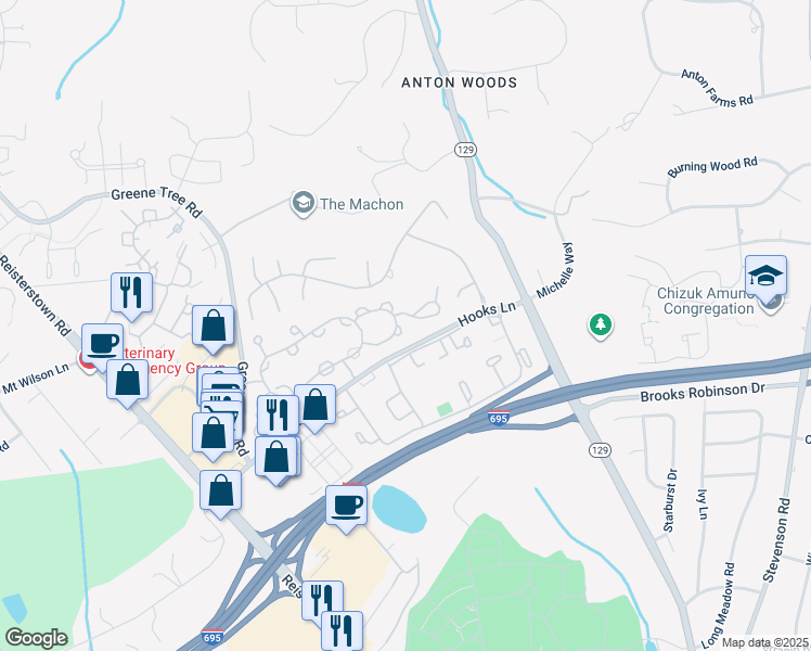 map of restaurants, bars, coffee shops, grocery stores, and more near 31 Raisin Tree Circle in Pikesville
