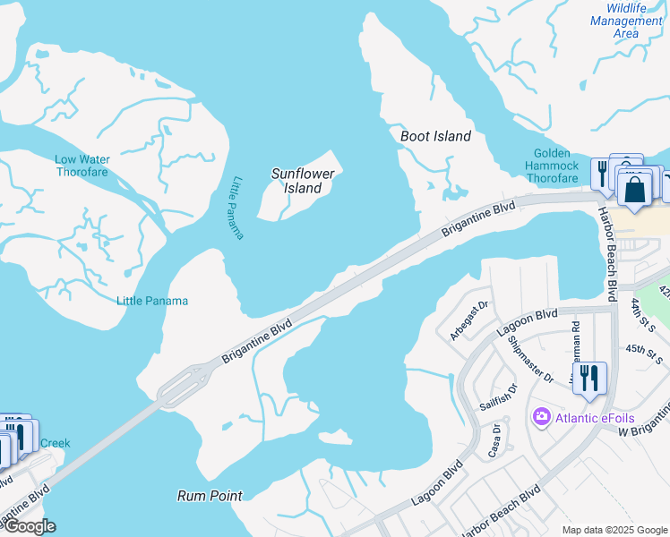 map of restaurants, bars, coffee shops, grocery stores, and more near 4615 Atlantic Brigantine Boulevard in Brigantine