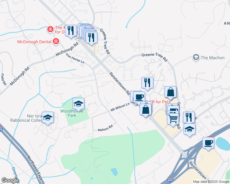map of restaurants, bars, coffee shops, grocery stores, and more near 38 Stags Leap Court in Pikesville