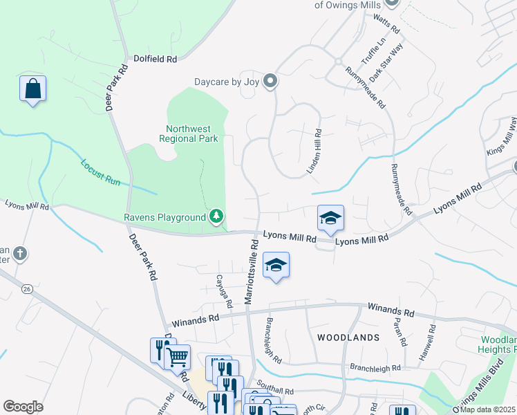 map of restaurants, bars, coffee shops, grocery stores, and more near 4431 Marriottsville Road in Owings Mills