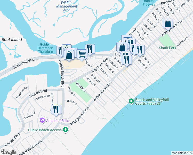 map of restaurants, bars, coffee shops, grocery stores, and more near 245 40th Street South in Brigantine