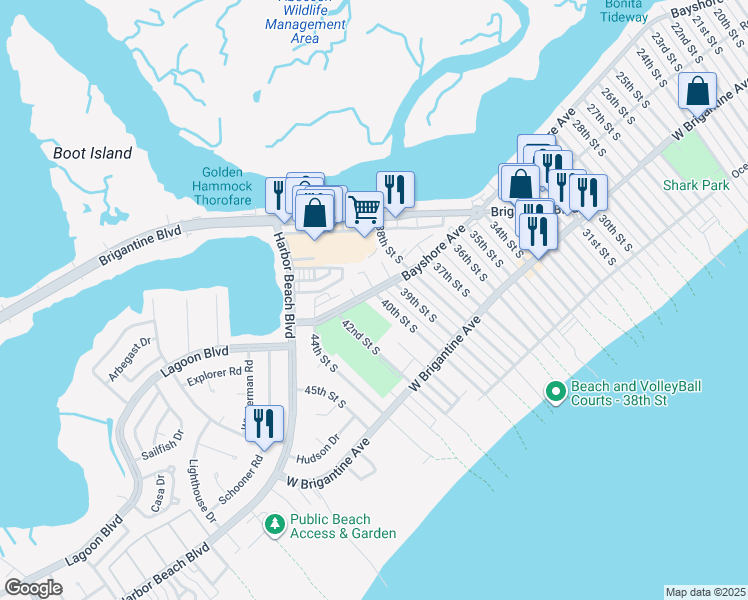 map of restaurants, bars, coffee shops, grocery stores, and more near 4100 Bayshore Avenue in Brigantine