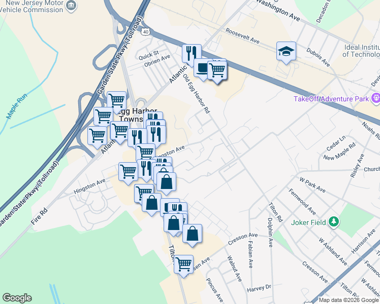 map of restaurants, bars, coffee shops, grocery stores, and more near 18 Cambridge Townhouse Drive in Egg Harbor Township