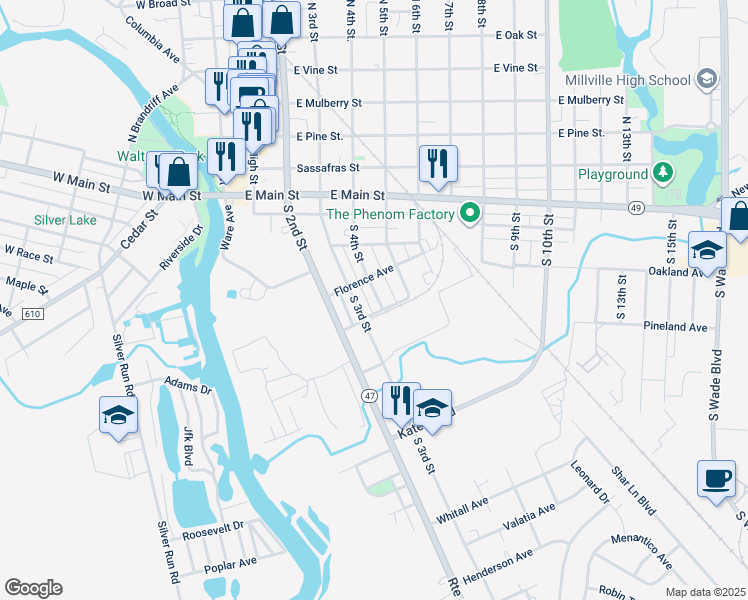 map of restaurants, bars, coffee shops, grocery stores, and more near 334 South 4th Street in Millville