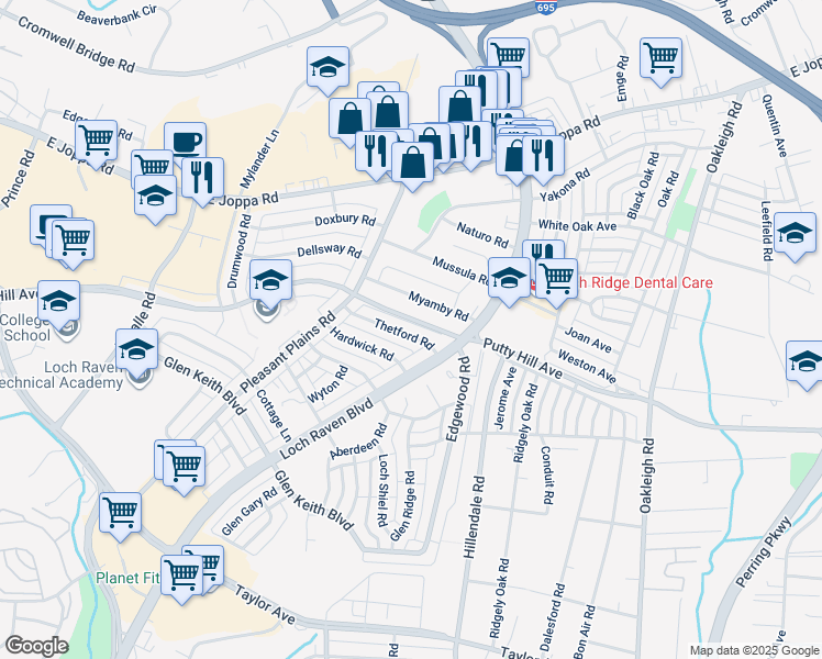 map of restaurants, bars, coffee shops, grocery stores, and more near 1636 Thetford Road in Towson