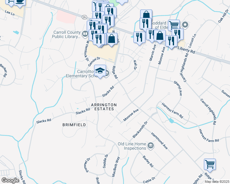 map of restaurants, bars, coffee shops, grocery stores, and more near 6669 Mid Summer Night Court in Eldersburg