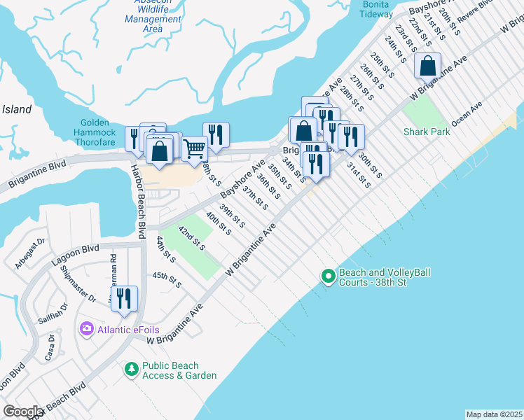 map of restaurants, bars, coffee shops, grocery stores, and more near 3701 West Brigantine Avenue in Brigantine