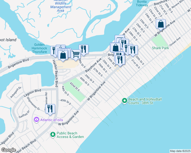 map of restaurants, bars, coffee shops, grocery stores, and more near 256 38th Street South in Brigantine