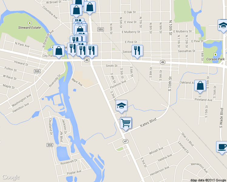 map of restaurants, bars, coffee shops, grocery stores, and more near 313 South 3rd Street in Millville