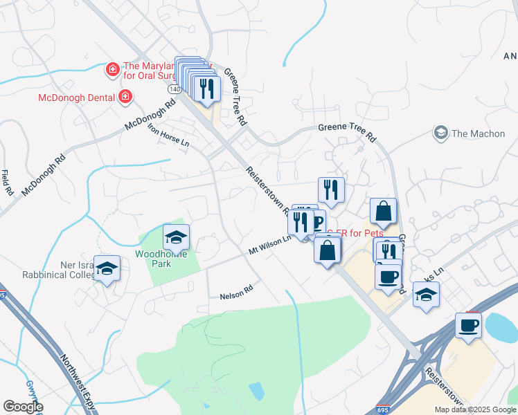 map of restaurants, bars, coffee shops, grocery stores, and more near 38 Stags Leap Court in Pikesville