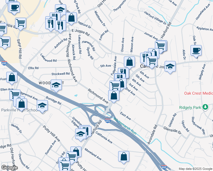 map of restaurants, bars, coffee shops, grocery stores, and more near 2910 Chenoak Avenue in Parkville