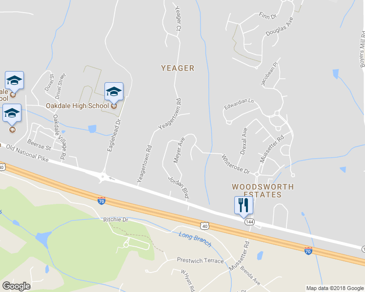 map of restaurants, bars, coffee shops, grocery stores, and more near 5721 Meyer Avenue in New Market