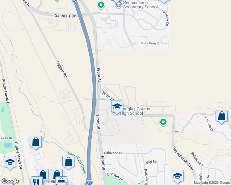 map of restaurants, bars, coffee shops, grocery stores, and more near 483 Scott Boulevard in Castle Rock