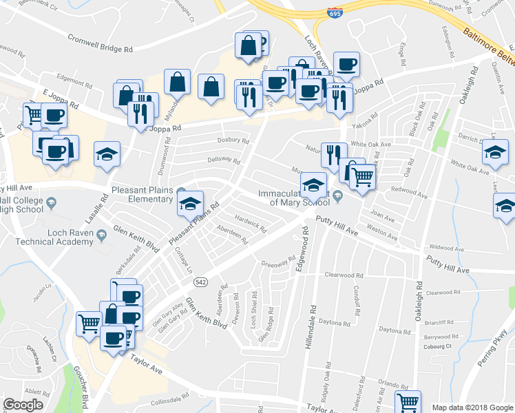 map of restaurants, bars, coffee shops, grocery stores, and more near 1644 Thetford Road in Towson