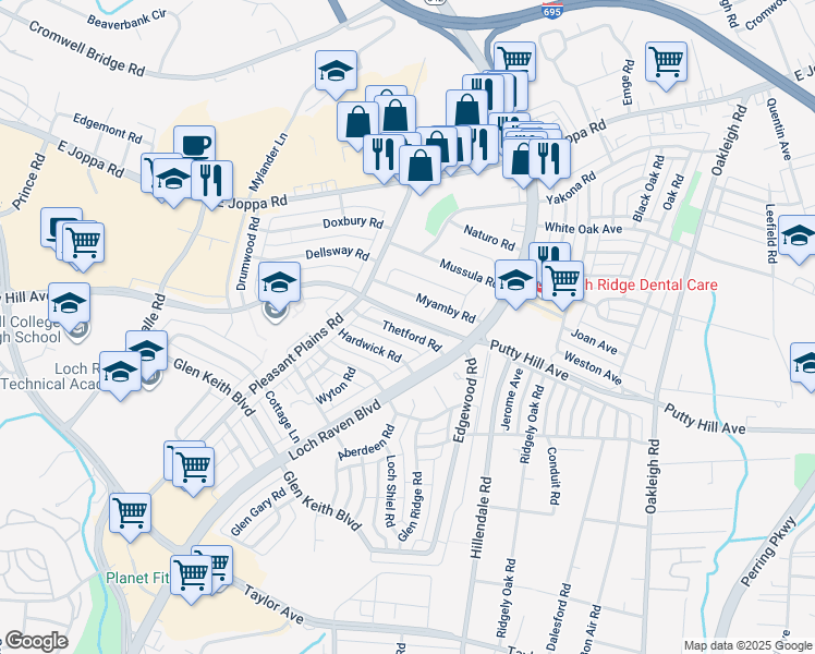 map of restaurants, bars, coffee shops, grocery stores, and more near 1644 Thetford Road in Towson