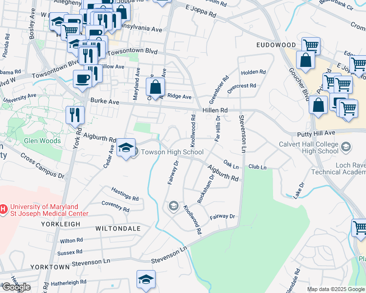 map of restaurants, bars, coffee shops, grocery stores, and more near 500 Fairway Court in Towson