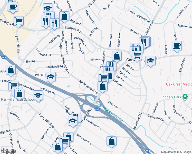 map of restaurants, bars, coffee shops, grocery stores, and more near 2910 Chenoak Avenue in Parkville
