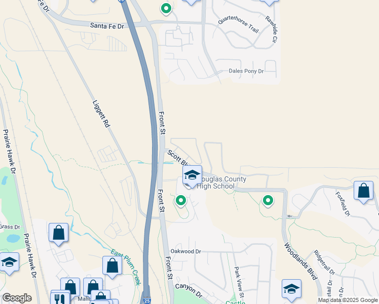 map of restaurants, bars, coffee shops, grocery stores, and more near 483 Scott Boulevard in Castle Rock