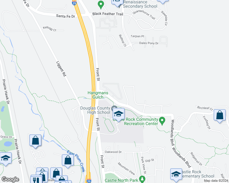 map of restaurants, bars, coffee shops, grocery stores, and more near 499 Scott Boulevard in Castle Rock