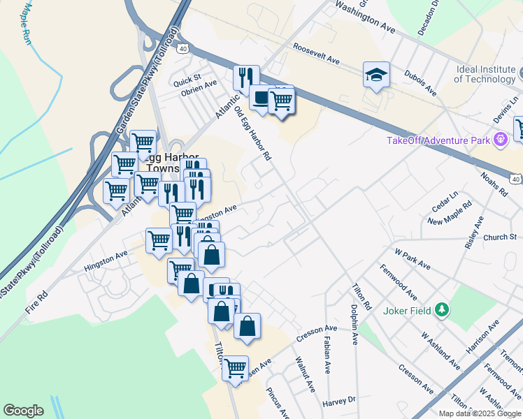 map of restaurants, bars, coffee shops, grocery stores, and more near 18 Cambridge Townhouse Drive in Egg Harbor Township