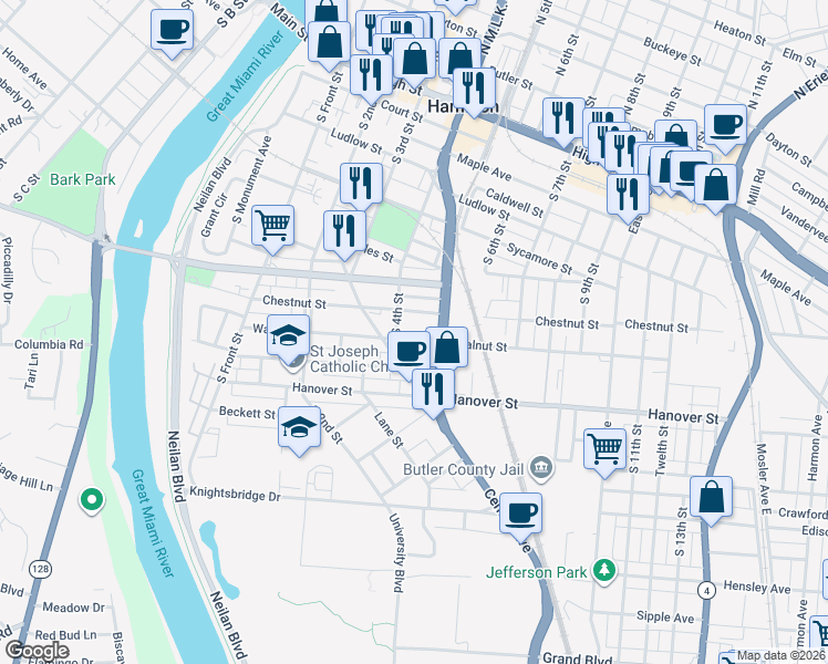 map of restaurants, bars, coffee shops, grocery stores, and more near 814 South 4th Street in Hamilton