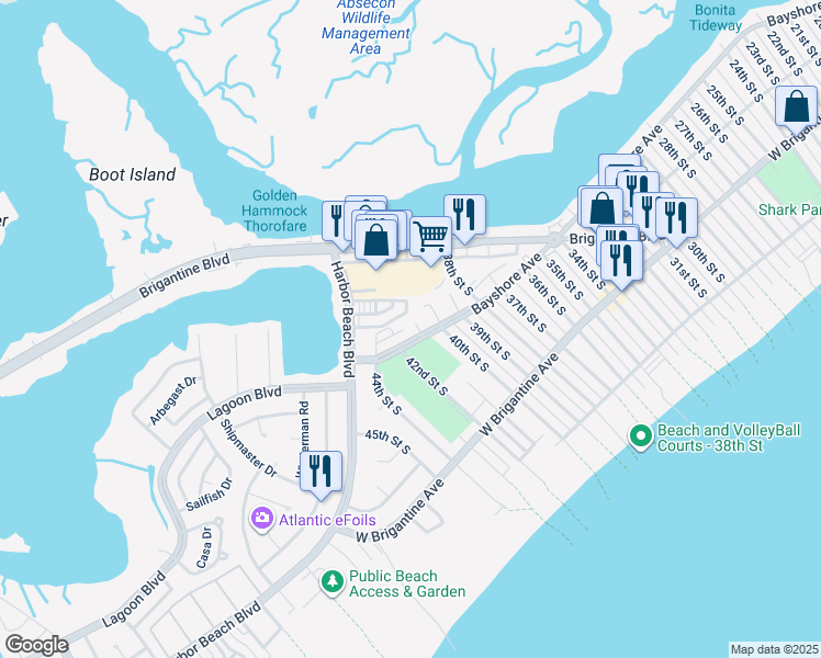 map of restaurants, bars, coffee shops, grocery stores, and more near 8 Marc Lane in Brigantine