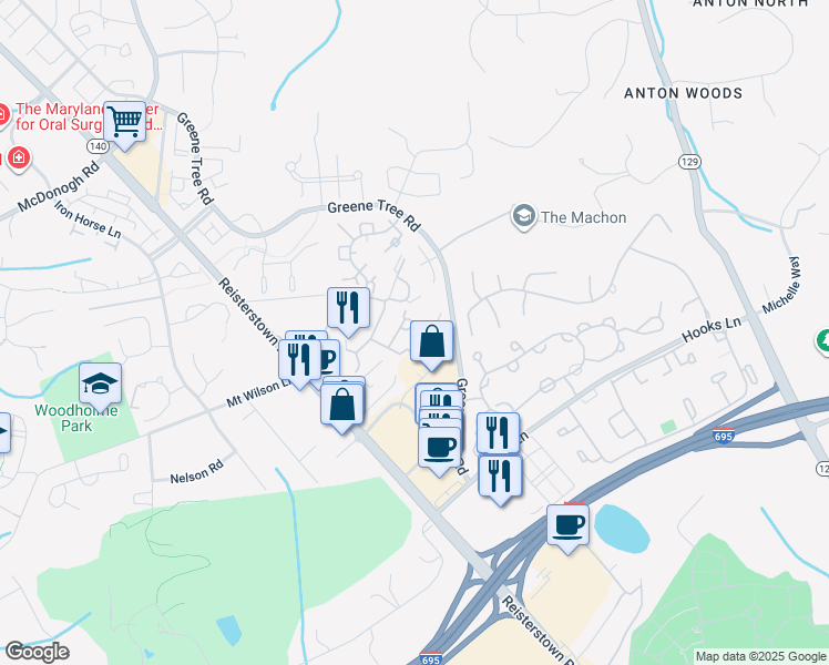 map of restaurants, bars, coffee shops, grocery stores, and more near 111 Old House Court in Pikesville