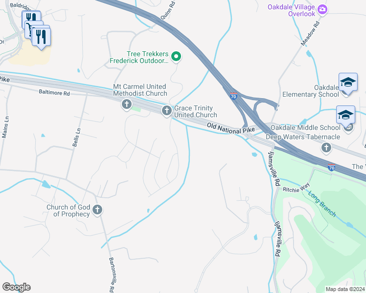 map of restaurants, bars, coffee shops, grocery stores, and more near 5751 Zoe Lane in Frederick