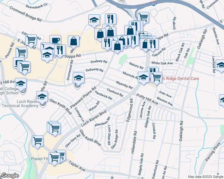 map of restaurants, bars, coffee shops, grocery stores, and more near 1636 Thetford Road in Towson