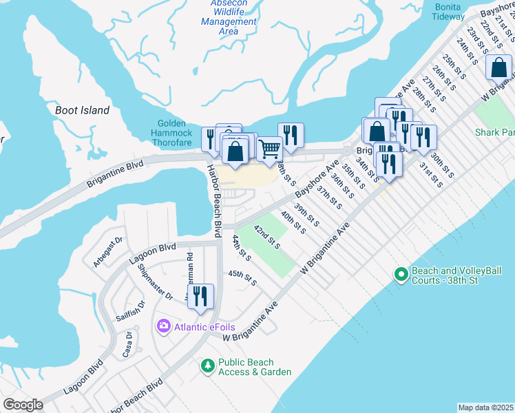 map of restaurants, bars, coffee shops, grocery stores, and more near 8 Marc Lane in Brigantine