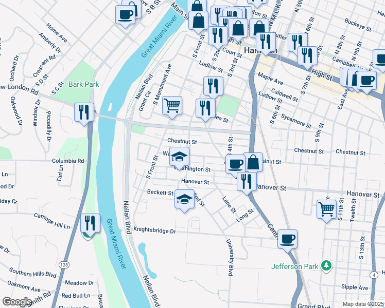 map of restaurants, bars, coffee shops, grocery stores, and more near 752 South 2nd Street in Hamilton