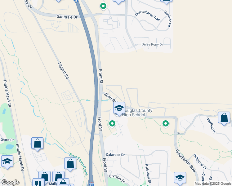 map of restaurants, bars, coffee shops, grocery stores, and more near 509 Scott Boulevard in Castle Rock