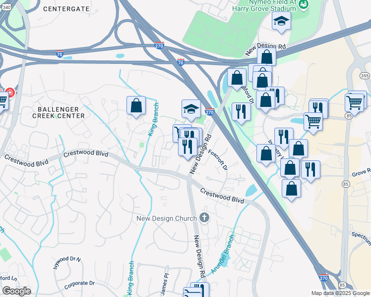 map of restaurants, bars, coffee shops, grocery stores, and more near 6920 Crestwood Boulevard in Frederick