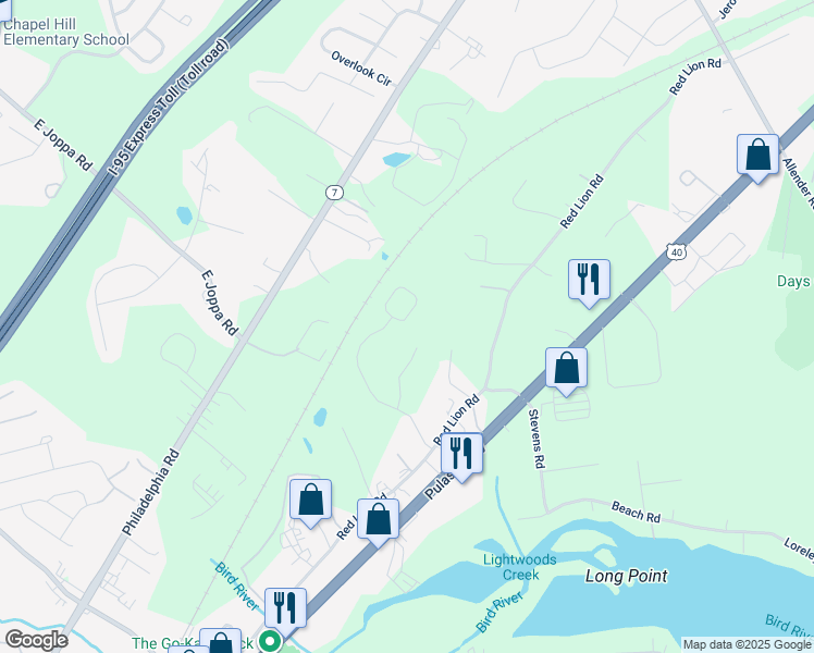 map of restaurants, bars, coffee shops, grocery stores, and more near 5613 Country Farm Road in White Marsh