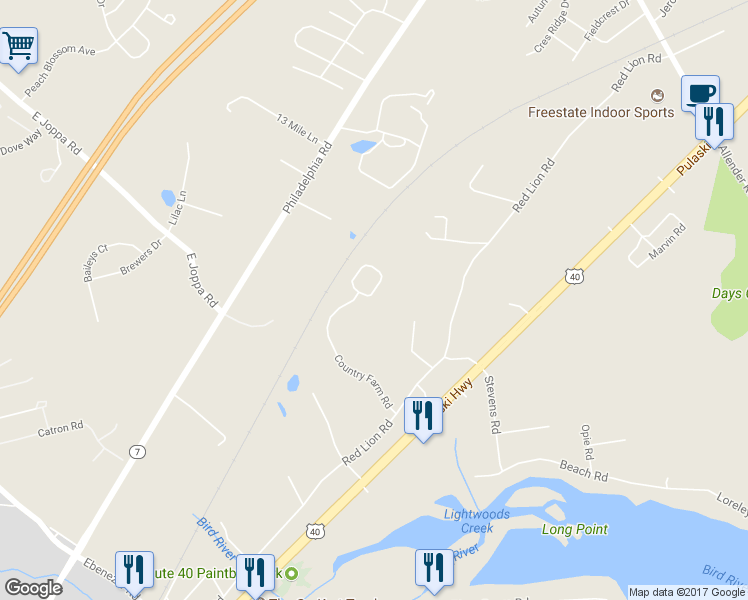 map of restaurants, bars, coffee shops, grocery stores, and more near 5613 Country Farm Road in White Marsh