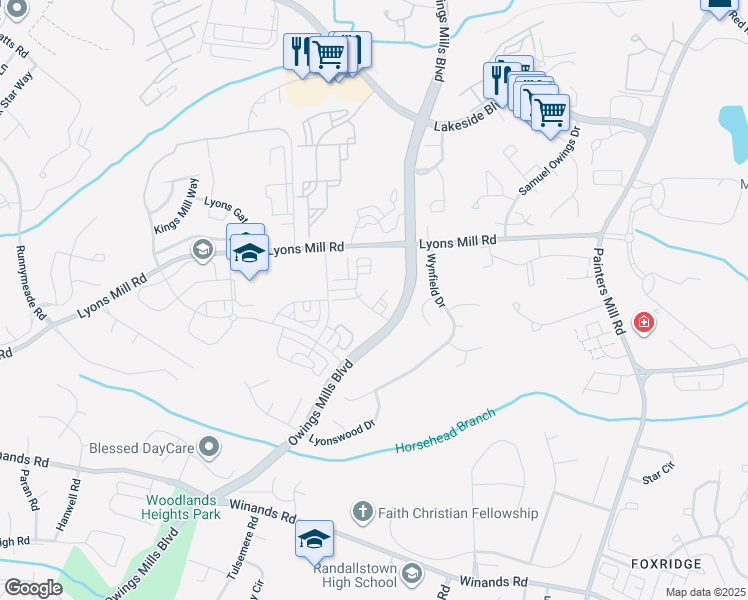 map of restaurants, bars, coffee shops, grocery stores, and more near 4450 Potts Court in Owings Mills