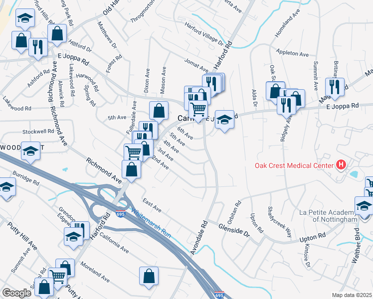 map of restaurants, bars, coffee shops, grocery stores, and more near 3025 5th Avenue in Parkville