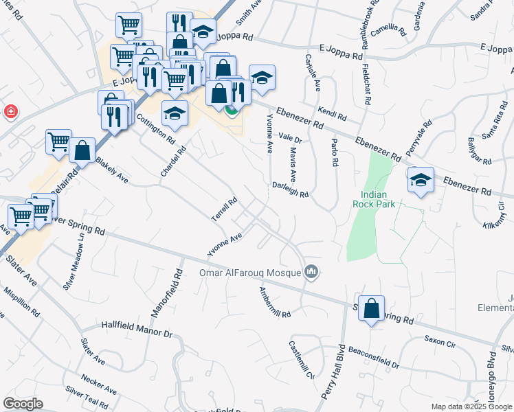map of restaurants, bars, coffee shops, grocery stores, and more near 1 Durban Court in Perry Hall