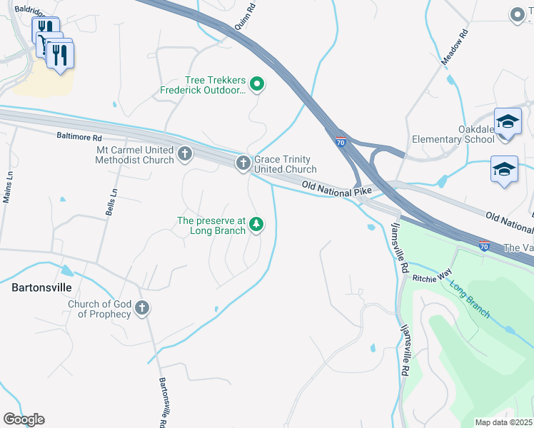 map of restaurants, bars, coffee shops, grocery stores, and more near 5751 Zoe Lane in Frederick