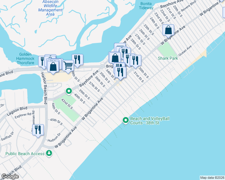 map of restaurants, bars, coffee shops, grocery stores, and more near 3506 West Brigantine Avenue in Brigantine