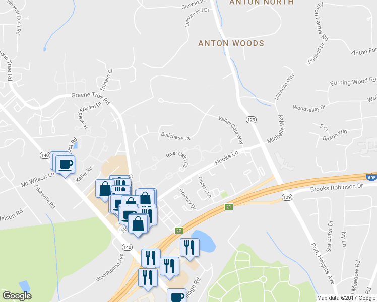 map of restaurants, bars, coffee shops, grocery stores, and more near 31 Raisin Tree Circle in Pikesville